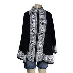ANNE KLEIN PONCHO Cape Sweater Black Geometric Abstract Gold Lion Zipper L